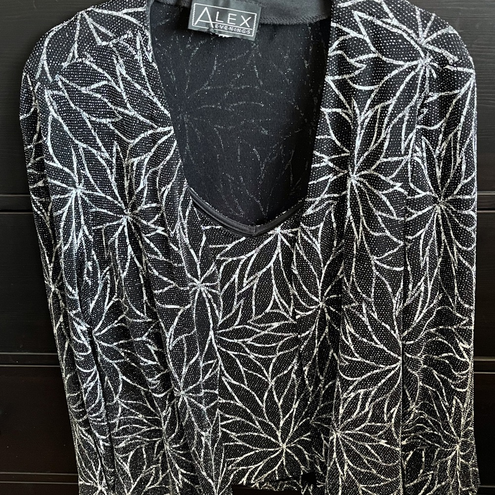 Alex Evenings 2 piece Black Top with Silver Leaf Design